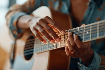 Fototapeta premium Close-up of a person's hands playing an acoustic guitar with gentle lighting