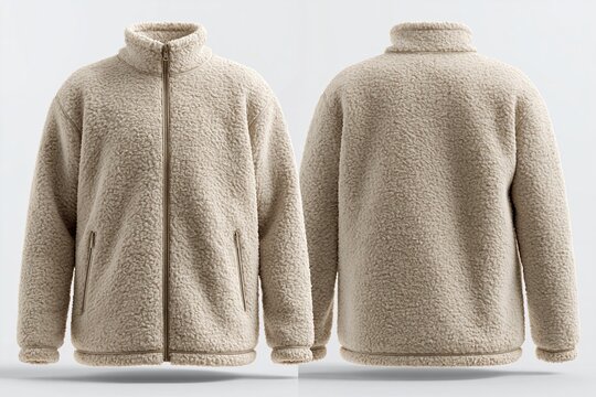 Fuzzy beige fleece jacket shown from front and back