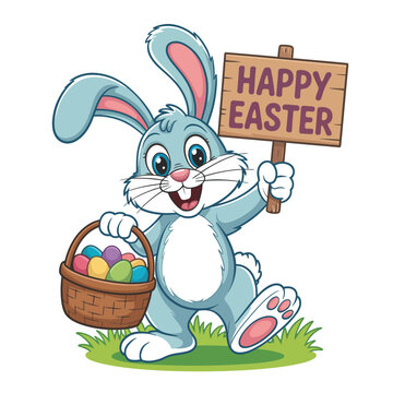 Easter bunny holds a wooden sign and a wicker basket filled with colorful eggs on green grass lawn.