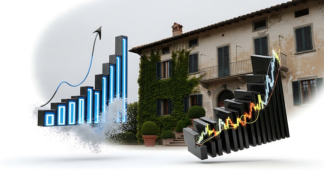 Real estate market growth and decline, investment analysis with ascending and descending bar charts against a Tuscan villa background, representing property value trends