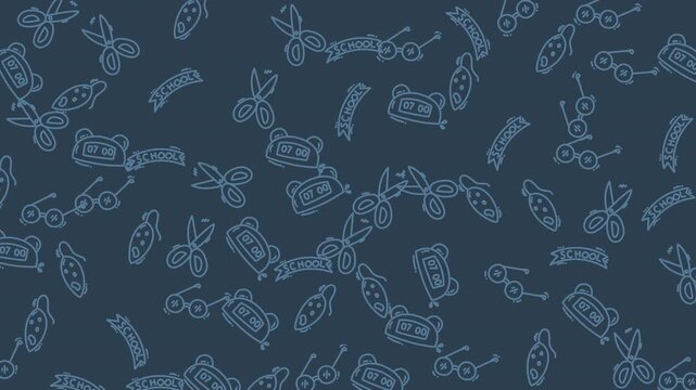 Pattern with cartoon bears, scooters, scissors, and banners. Perfect for childrens stationery, wrapping paper, or scrapbooking projects. Colorful and playful design.
