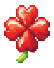 Fototapeta premium lucky red heart clover pixel art illustration for Valentine day game events and unique romantic nature assets for retro style mobile app design