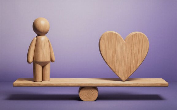Wooden figure and heart balance on seesaw symbolizing love versus