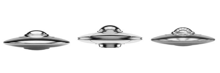 Set of Metallic Silver UFO Flying Saucer with Isolated on White Background, PNG © Alexzendra