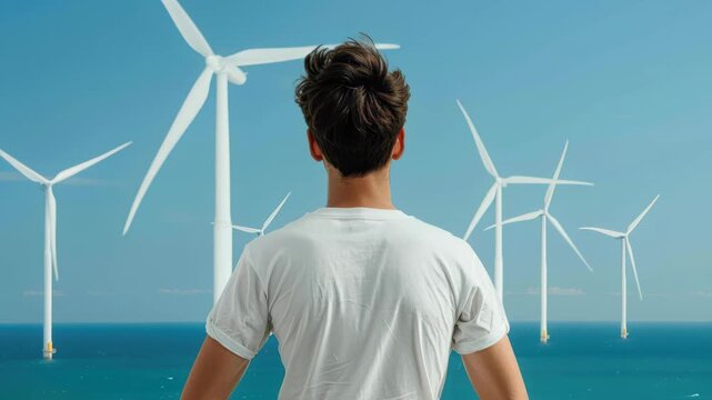 Sustainable Future: A man stands facing a field of wind turbines, a symbol of sustainable progress and clean energy, against a serene backdrop of sea and sky.