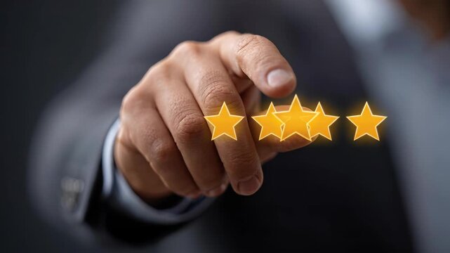 Rating Perfection: A hand carefully selects each star, embodying commitment to top-tier standards, signifying high-quality, and positive feedback and reviews.