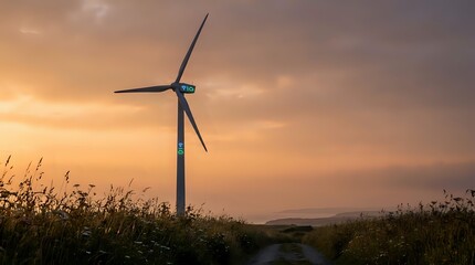 Obraz premium Wind turbine generating clean renewable energy at golden sunset with wildflowers and grass in foreground creating sustainable power for environmental conservation.