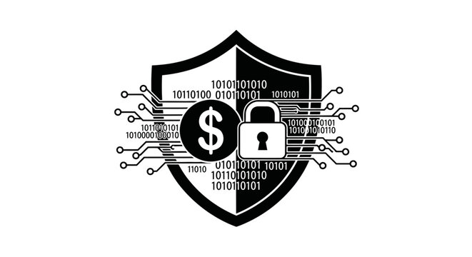 Digital security concept shield padlock dollar sign and binary code