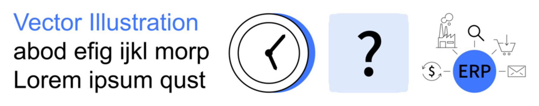 Business management, time tracking, decision-making, logistics, enterprise resource planning, productivity. Clock icon and question mark with ERP and industrial elements. Business management