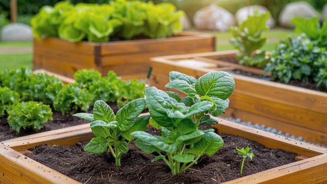 Fresh Produce Paradise: A vibrant garden showcasing healthy leafy greens thriving within raised wooden beds. This image encapsulates the essence of organic, sustainable living.