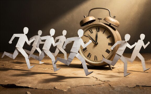 Paper cutouts race past a vintage alarm clock symbolizing urgency and