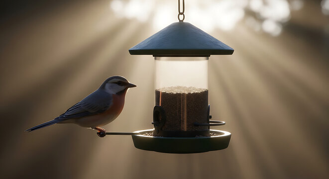 Small songbird perches on a garden bird feeder filled with seeds, bathed in warm morning sunlight rays