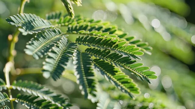 Closeup of Mimosa Pudica leaves in soft sunlight.