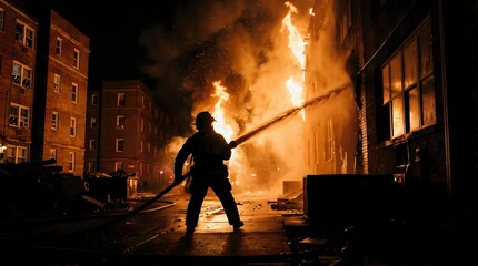 Fototapeta premium Brave firefighter battles intense flames in urban street scene with dramatic orange glow and smoke billowing between brick buildings during emergency response.
