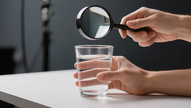 Hands Examining Clear Water in Glass with Magnifying Glass
