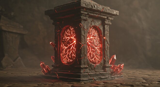 Mysterious stone structure with glowing red core and crystalline elements