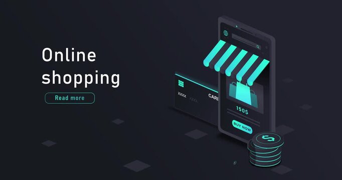 Online shopping concept. Online store on smartphone screen, shopping bag bank card, and cash. Neon isometric 3D animated graphics