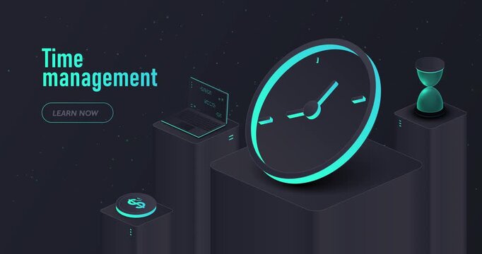 Time management concept. Planning and scheduling for productivity and organizing effective workflow. Banner with large clock and hourglass next to laptop. Isometric 3D animated graphics