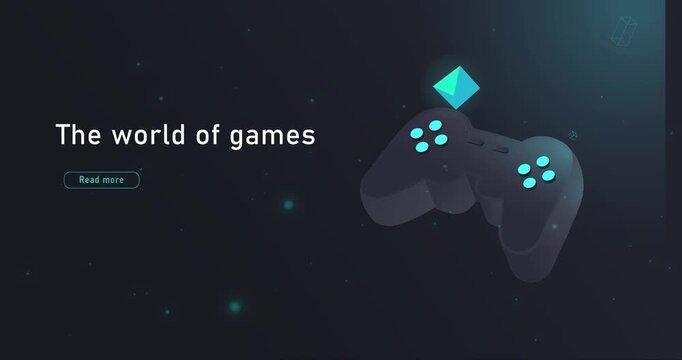 World of videogames concept. Gamepad or controller in cyberspace or metaverse. Digital gaming device. Isometric 3D animated graphics