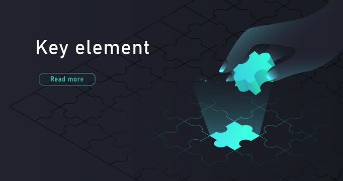 Key element concept. Large human hand holds missing piece of puzzle. Strategy and business solutions for effective development. Isometric 3D animated graphics