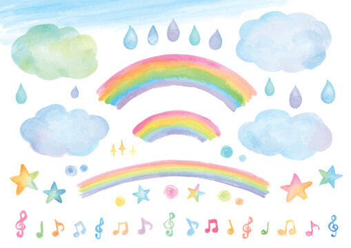 虹と梅雨イメージのかわいい手描き水彩イラストセット