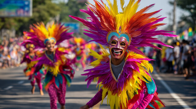 Colorful Masskara Festival street parade in Bacolod City with masked performers in feathered costumes, festive Filipino celebration, vibrant cultural event, sunny tropical atmosphe