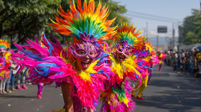 Colorful Masskara Festival street parade in Bacolod City with masked performers in feathered costumes, festive Filipino celebration, vibrant cultural event, sunny tropical atmosphe