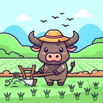 Cute Cartoon Water Buffalo Farming in a Rice Paddy.