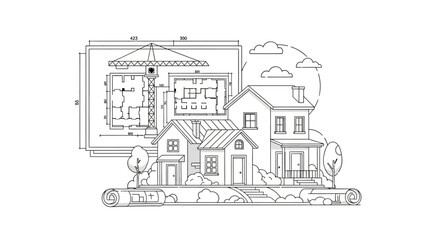 Fototapeta premium Architectural House Construction and Blueprint Line Art Illustration with Crane and Floor Plans