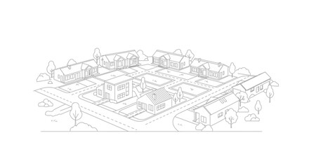 Obraz premium Isometric Suburban Neighborhood Illustration, Minimalist Residential Area Line Art, House and Street Map Layout