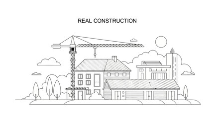 Naklejka premium Construction Site Line Art Illustration with Tower Crane, Modern Buildings, and Real Estate Development Concept