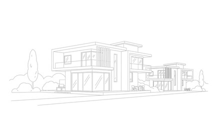 Fototapeta premium Modern Architectural Line Art Illustration of Contemporary Two-Story Residential Houses with Flat Roofs and Large Windows