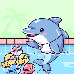 Naklejka premium Cute Dolphin Swimming Instructor with Little Fish Students.