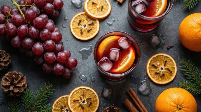 A cozy overhead view of mulled wine in glasses, garnished with oranges, accompanied by grapes, spices, and festive decorations.