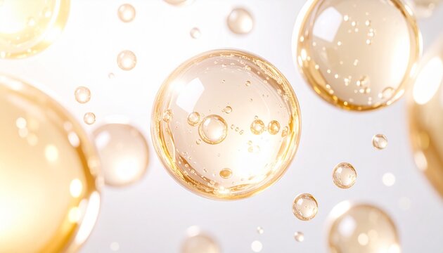 ヒアルロン酸を閉じ込めたゴールド美容液カプセル 高級感あふれる保湿セラムの抽象イメージ ジェネレーティブAI