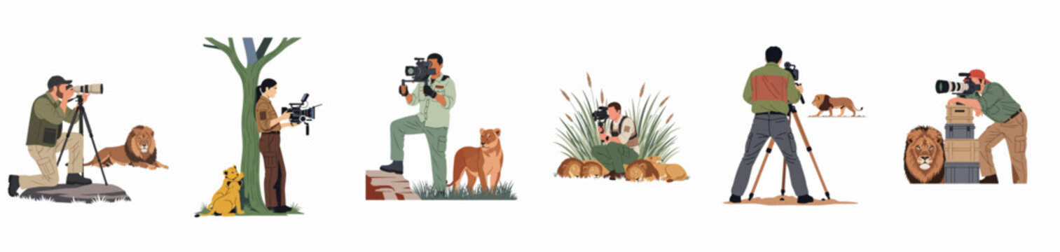 A collection of wildlife photographers and filmmakers capturing cinematic shots of lions and lionesses in their natural savanna habitat.