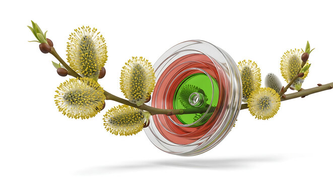 Spring pussy willow branches with blooming buds intertwined with a colorful abstract circular element, representing nature and technology fusion on white background