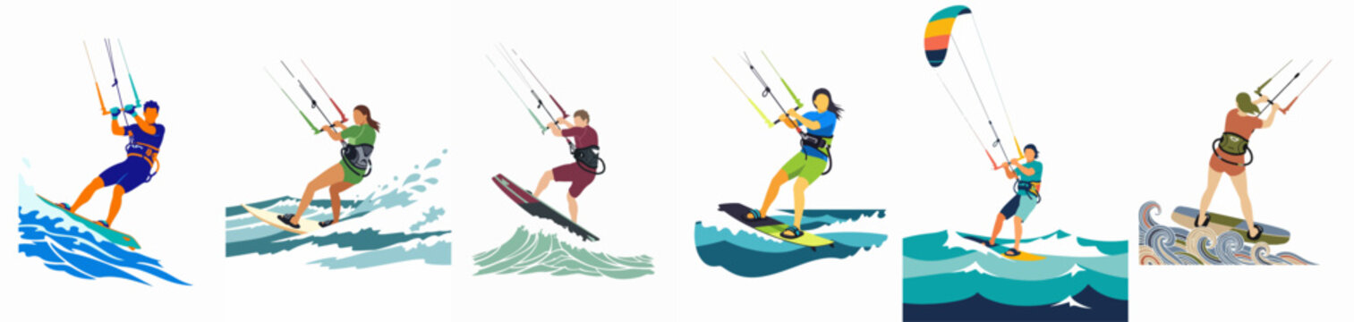 Set of six colorful illustrations depicting men and women kitesurfing on various ocean waves, perfect for summer sports and adventure themes.