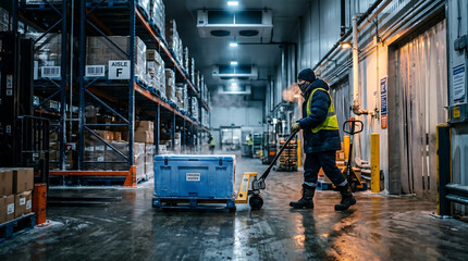 Fototapeta premium Cold storage logistics worker moving insulated cargo through chilled warehouse