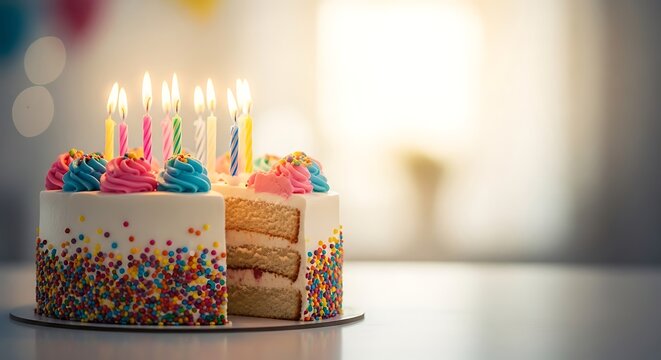 Brightly lit multi-layered birthday cake with colorful sprinkles and glowing candles, a delightful centerpiece for joyous celebrations and sweet memories