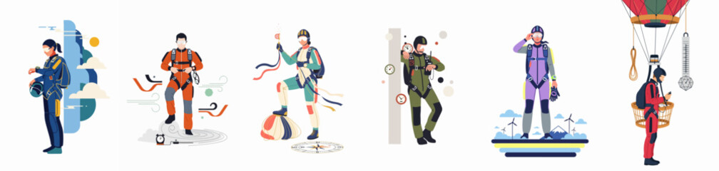 Flat Vector Illustration Set of Professional Skydivers and Parachutists in Various Poses and Gear for Extreme Sports and Adventure Concepts © Limo