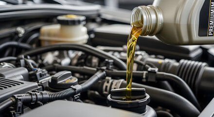 Fototapeta premium Professional mechanic pouring fresh engine oil into car engine during maintenance. Generative AI