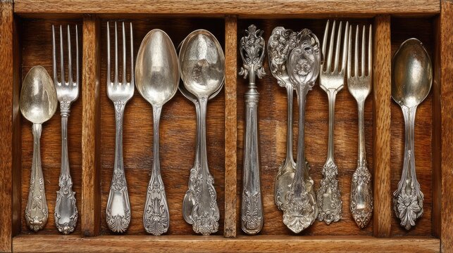Vintage silverware collection arranged in a wooden cutlery drawer