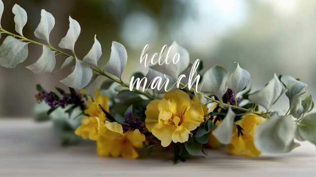 Hello March text with soft pink spring flowers on light background, seasonal greeting card, delicate floral close up, pastel aesthetic, feminine design, fresh bloom concept