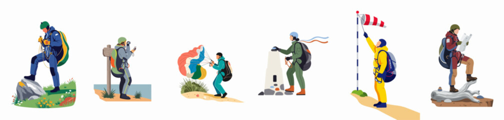 Set of Flat Vector Illustrations Showing People Preparing for Skydiving and Paragliding Activities Including Equipment Checks, Navigation, and Weather Monitoring © Limo