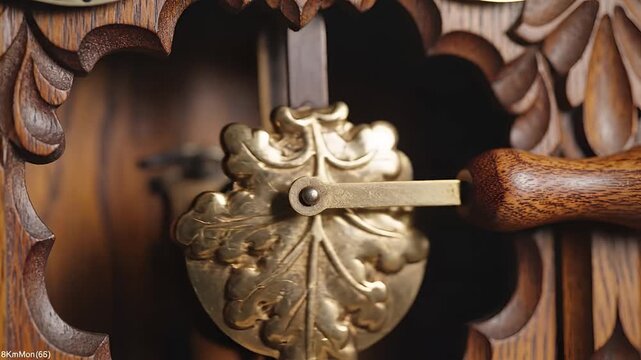 Antique wooden door with ornate brass latch and carved details.