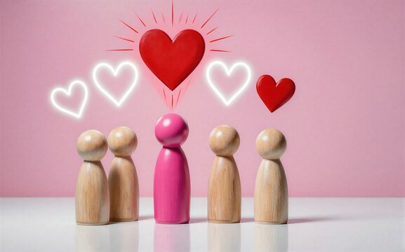 Pink figure stands out among wooden peers surrounded by glowing