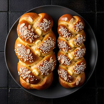 Professional Close-Up Overhead Photograph of Traditional Finnish Pulla Bread - Cardamom Scented Sweet Bread Braids - Dark Black and Brown Matte Stone Tile Background - 8K Stock Photo