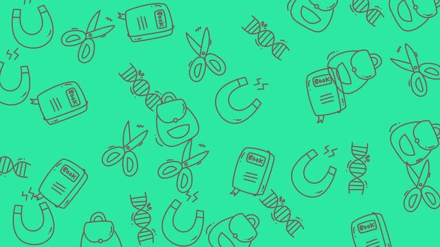 Repeating cartoon pattern of scissors, magnets, and more. Great for stationery designs, kids products, or quirky illustrations. Magnetic stationery concept.