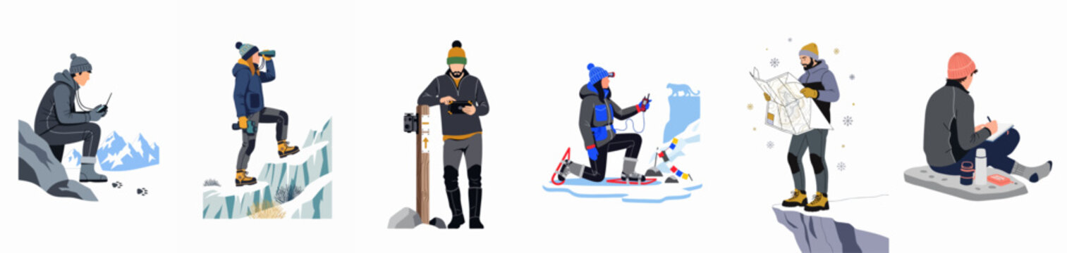Vector illustration set of researchers and explorers tracking wildlife and navigating through a snowy mountain landscape.